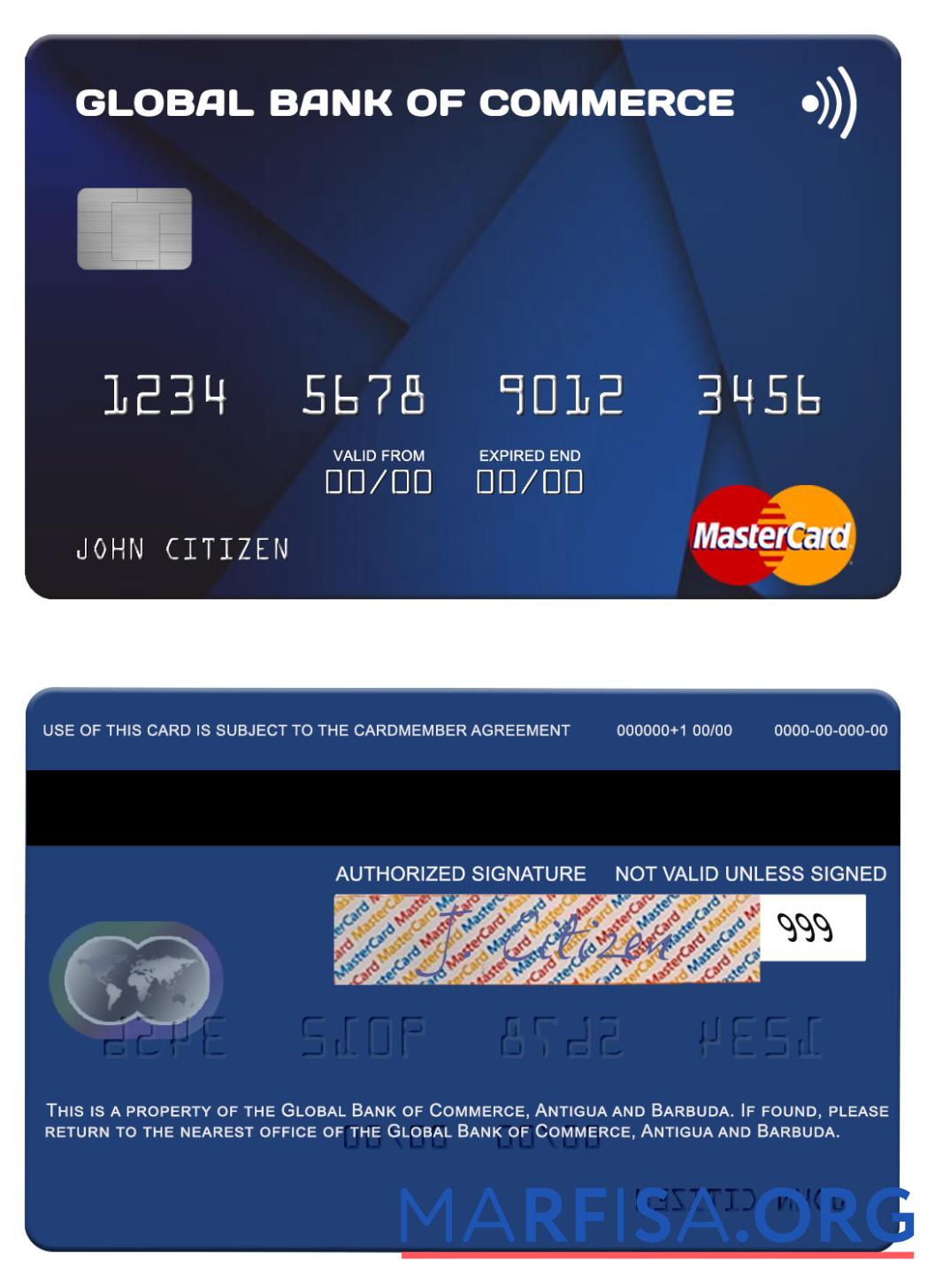 Printable Antigua and Barbuda Global Bank of Commerce mastercard sample
